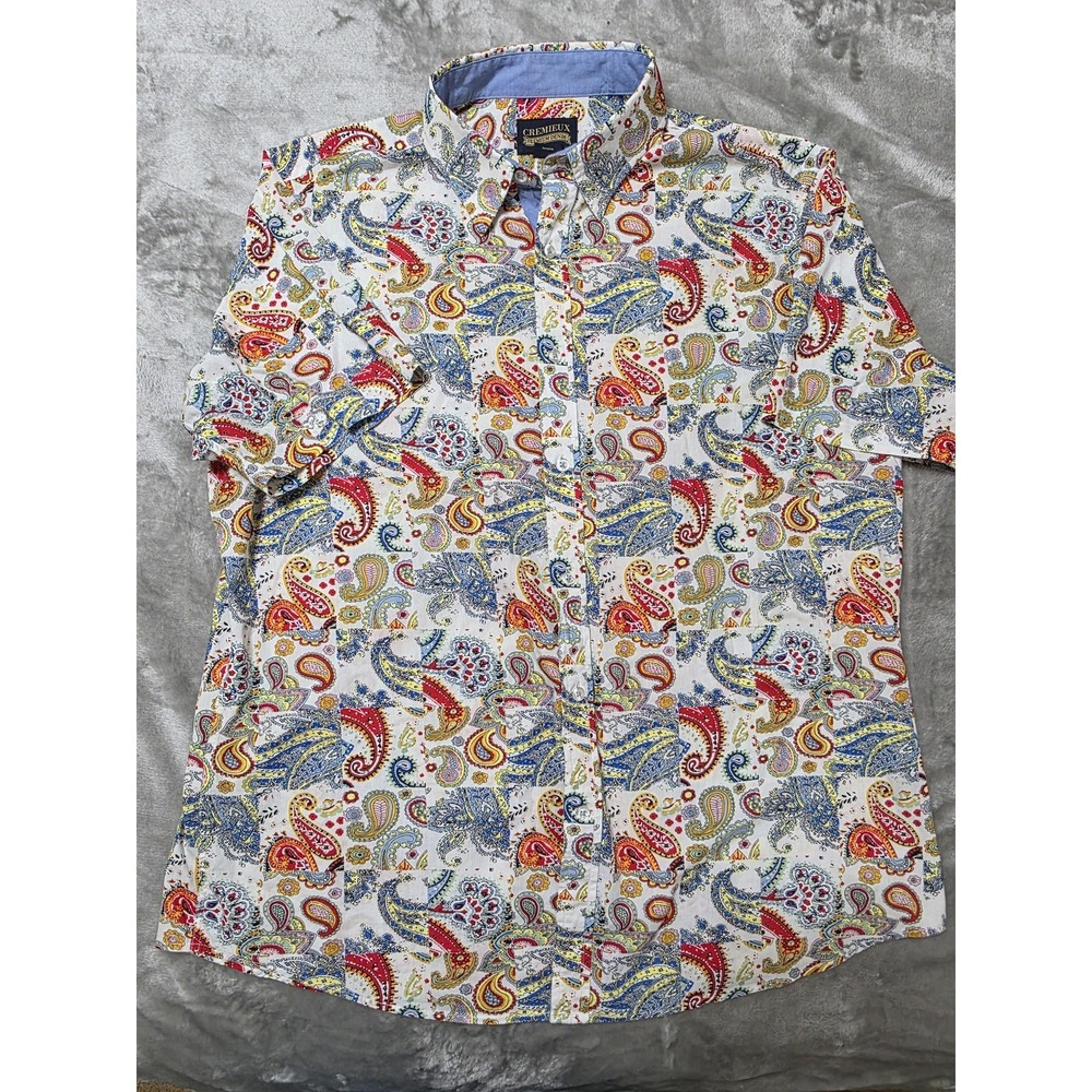 Cremieux‎ Premium Denim Shirt Mens XL Multicolor Paisley Short Sleeve Button